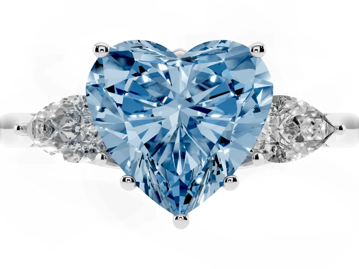 Fancy Blue Heart Cut Diamond Three-Stone Ring with Pear Side Stones and Prong Setting Silver