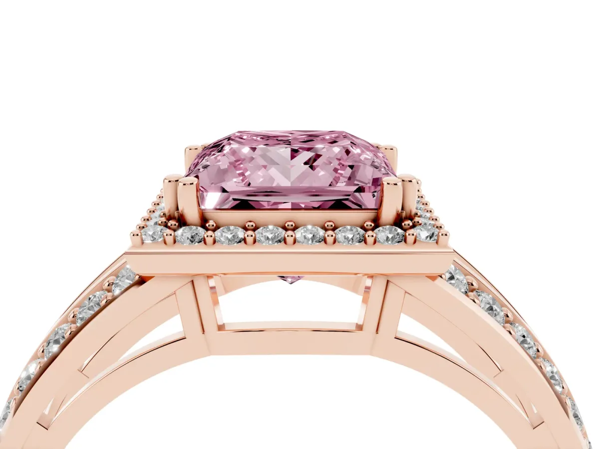 Fancy Pink Princess Cut Diamond Halo Ring with Split Shank Pavé Band and Four-Prong Setting Rose gold