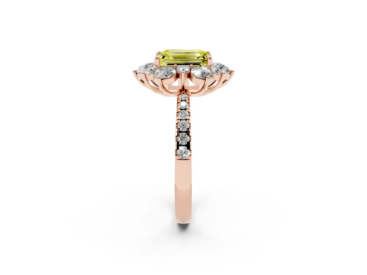 Fancy Yellow Emerald Cut Diamond Floral Halo Ring with Round Pavé Band and Prong Setting Rose gold