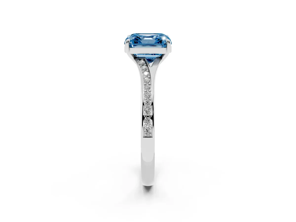 Fancy Blue Asscher Cut Diamond Solitaire Ring with Pavé Band and Prong Setting Silver
