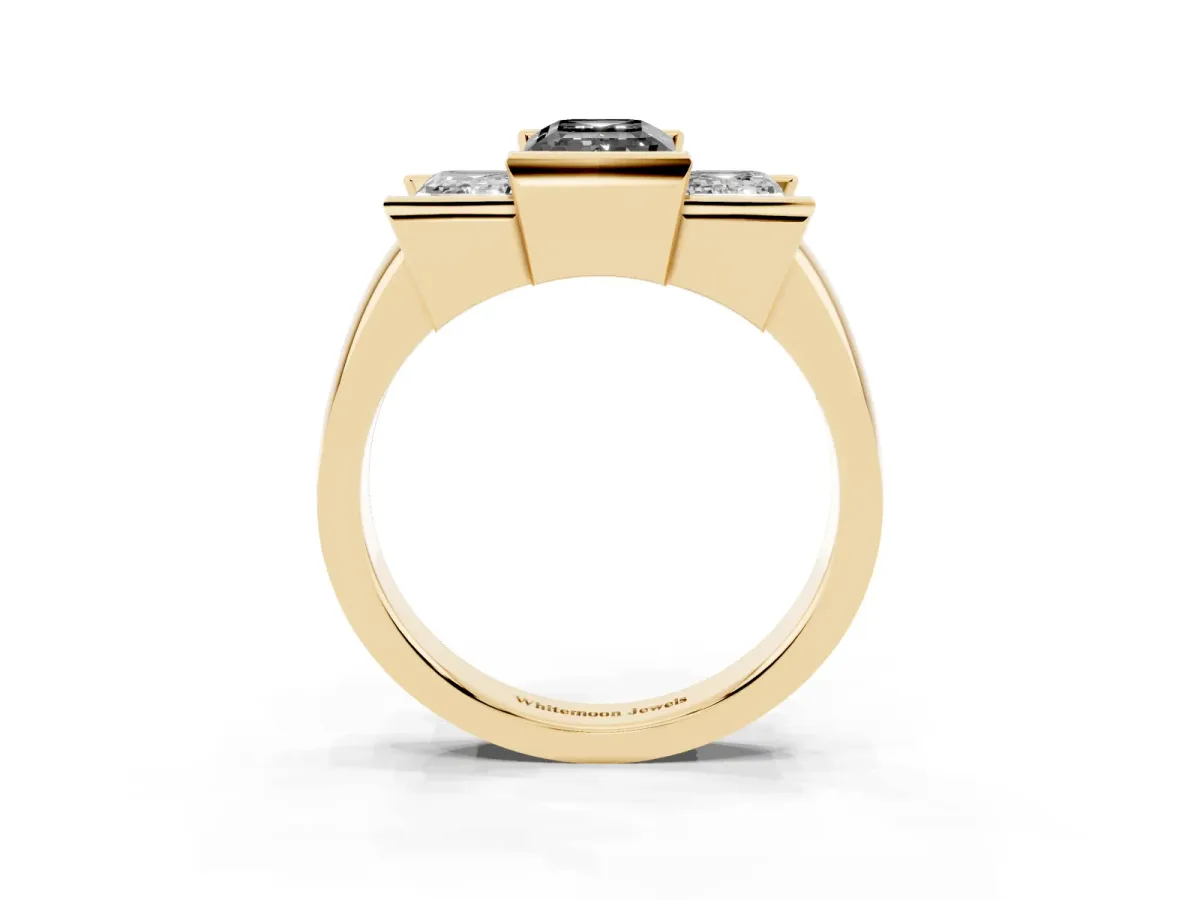 Fancy Black Three Stone Emerald Cut Cut Channel Set Diamond Ring Yellow gold
