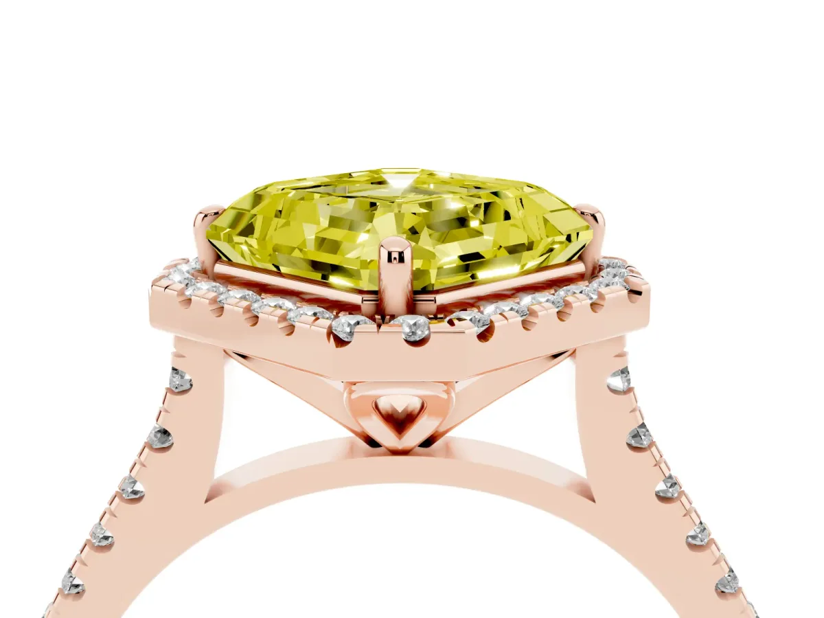 Fancy Yellow Asscher Cut Diamond Cushion Halo Ring with Pavé Band Rose gold