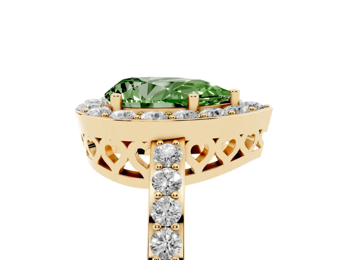 Fancy Green Pear Cut Halo Diamond Pavé Band Ring with Prong Setting Yellow gold