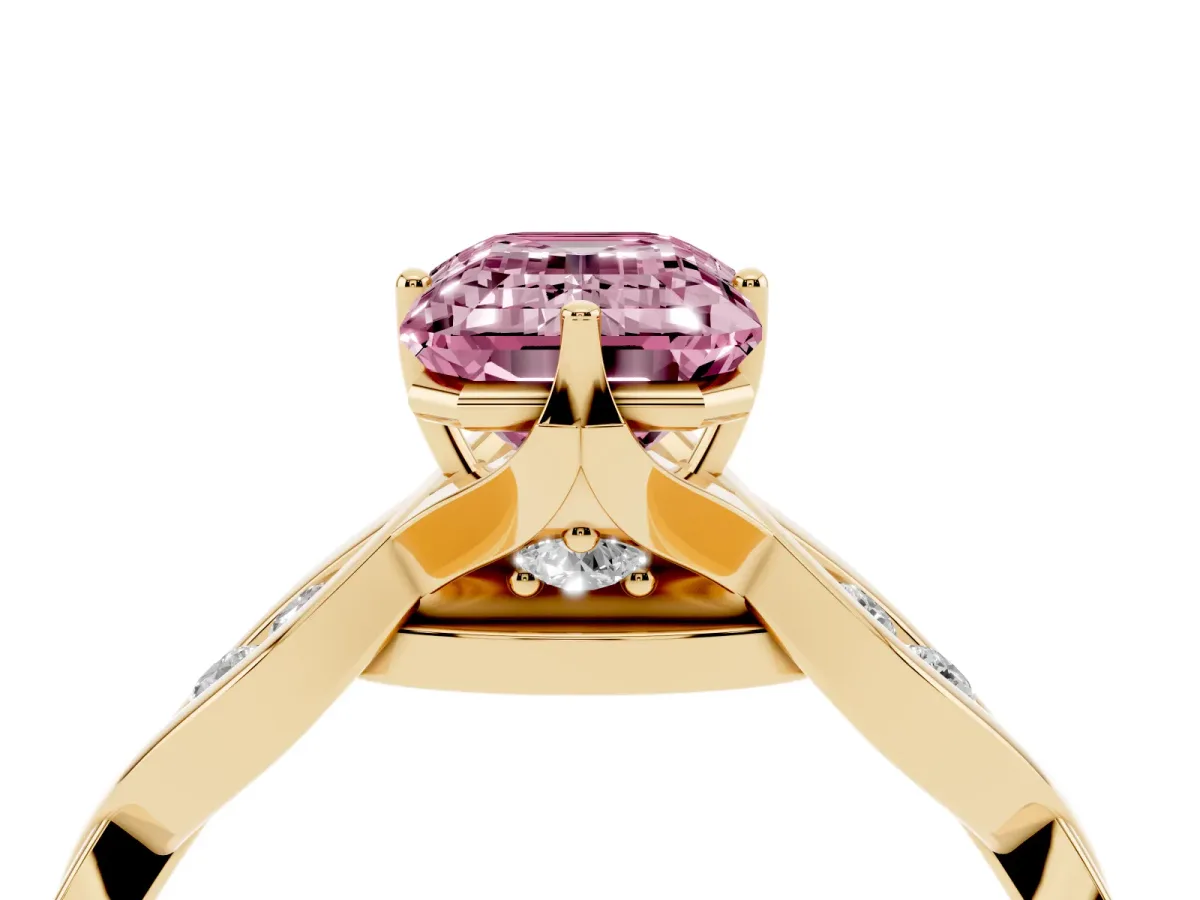 Fancy Pink Emerald Cut Solitaire Twist Band with Leaf Prong Setting Yellow gold