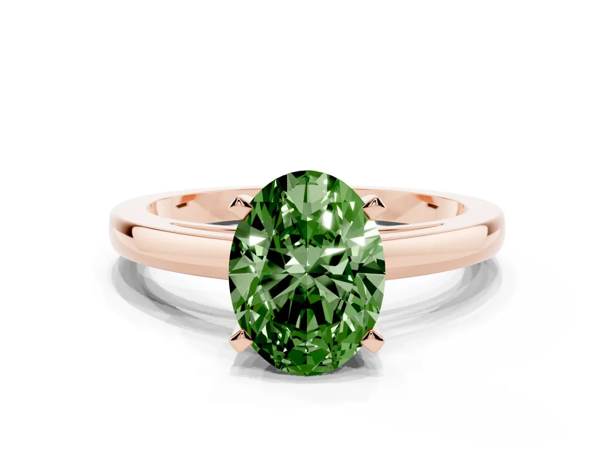 Fancy Green Oval Cut Solitaire Diamond Engagement Ring with Four-Prong Setting on a Classic Band Rose gold