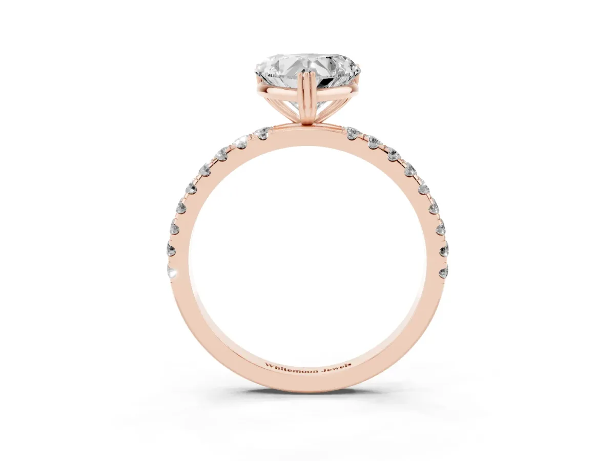 Heart Cut Brilliant Solitaire with Pavé Band and Claw Prong Setting Rose gold