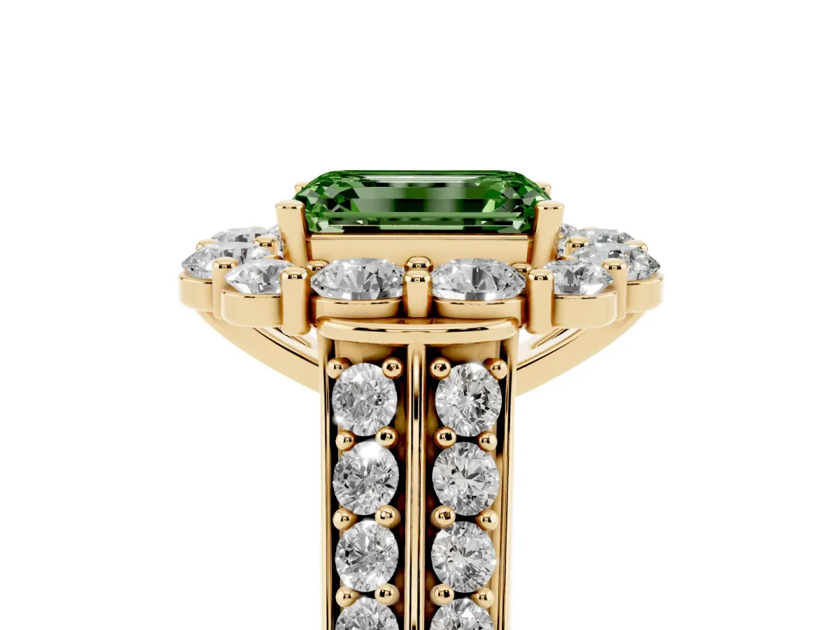 Fancy Green Emerald Cut Halo Diamond Engagement Ring with Split Shank and Prong Setting Yellow gold