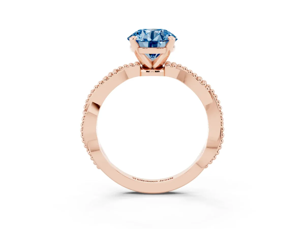 Fancy Blue Round Cut Solitaire Twisted Band with Bead Prong Setting Rose gold