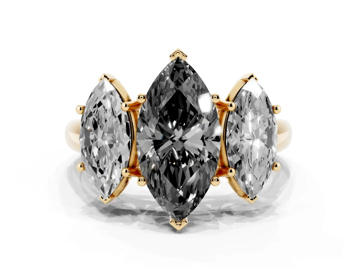 Fancy Black Three-Stone Marquise Cut Diamond Engagement Ring with Prong Setting Yellow gold