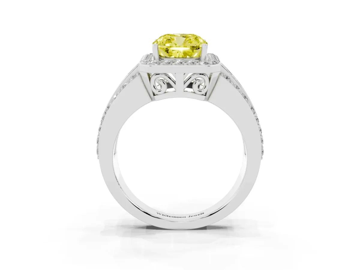 Fancy Yellow Cushion Cut Halo Diamond Ring with Round Split Shank and Prong Setting Silver