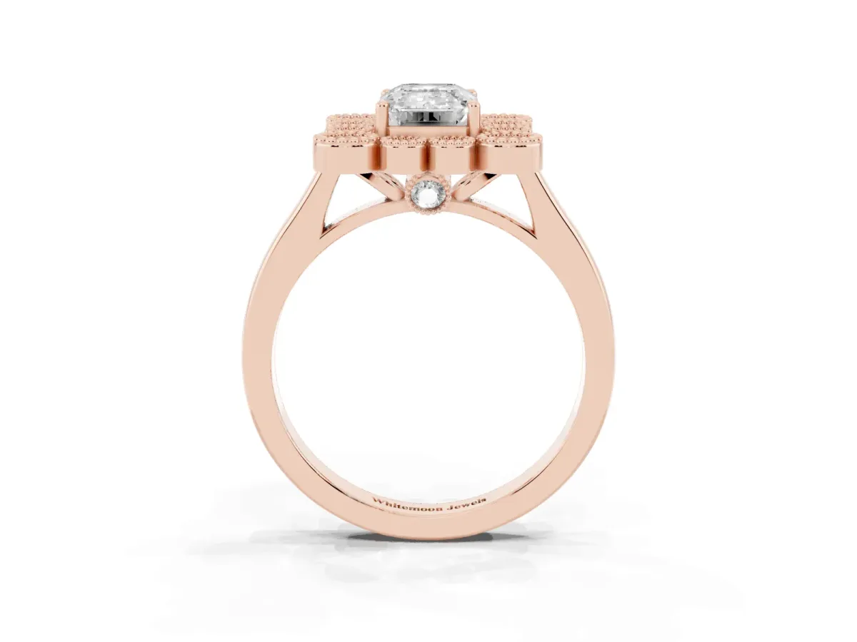 Emerald Cut Halo Diamond Cluster Engagement Ring with Milgrain Bezel Setting and Solitaire Band Rose gold
