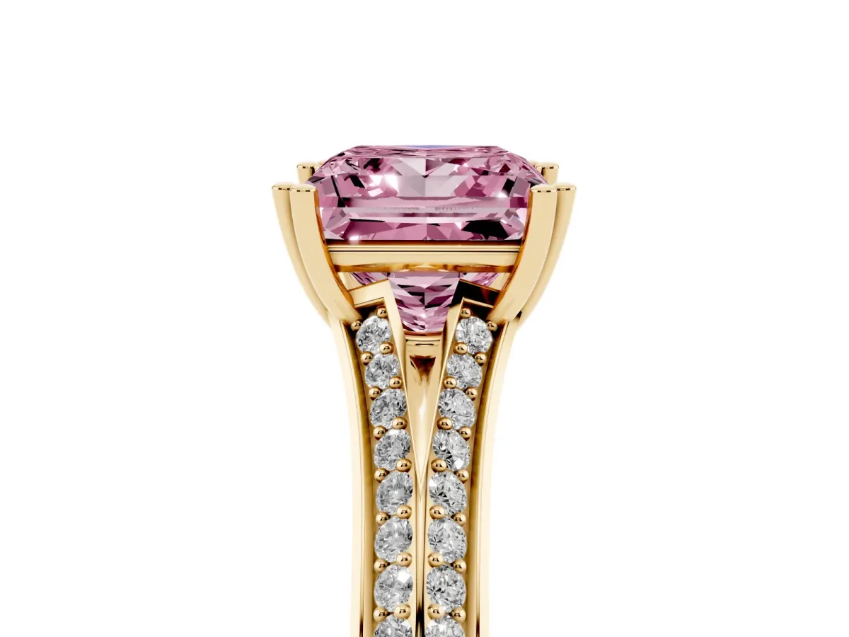 Fancy Pink Princess Cut Diamond Split Shank Engagement Ring with Pavé Band Yellow gold