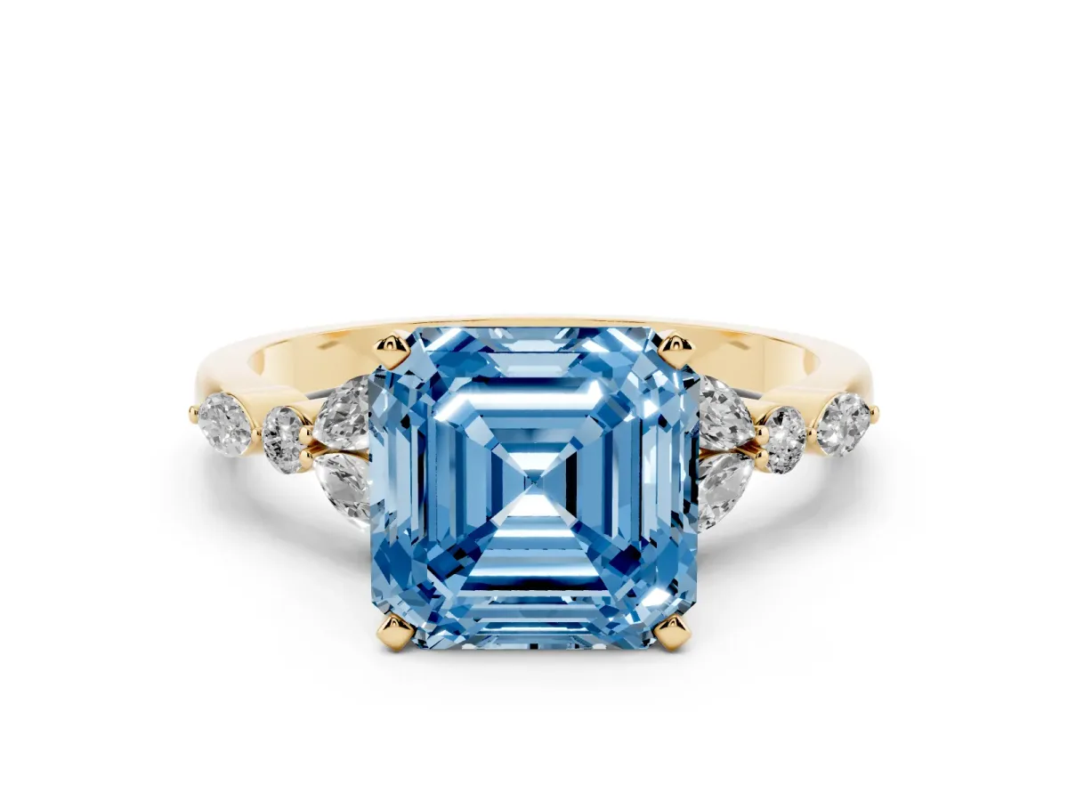 Fancy Blue Asscher Cut Diamond Solitaire Ring with Side Stones and Four-Prong Setting Yellow gold