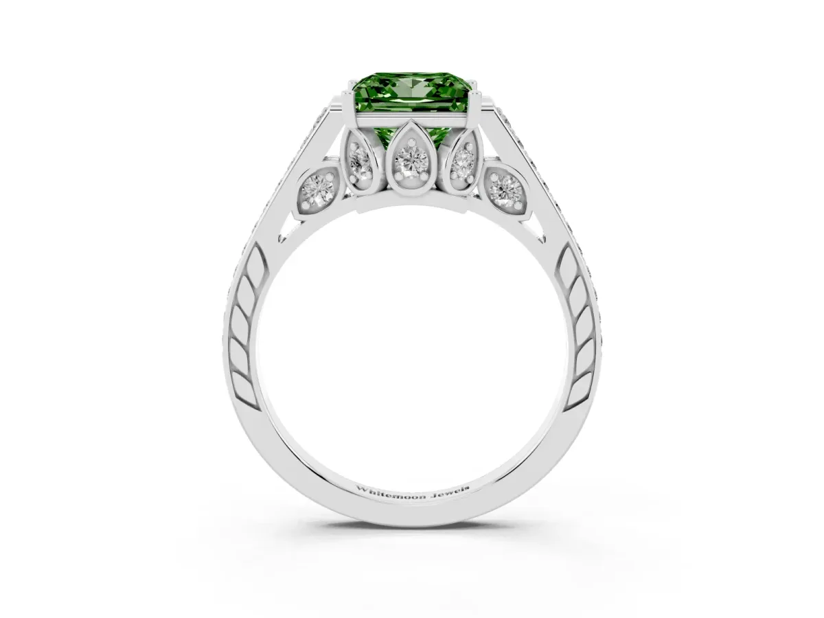 Fancy Green Princess Cut Cut Cathedral Pave Diamond Engagement Ring with Six-Prong Setting Silver