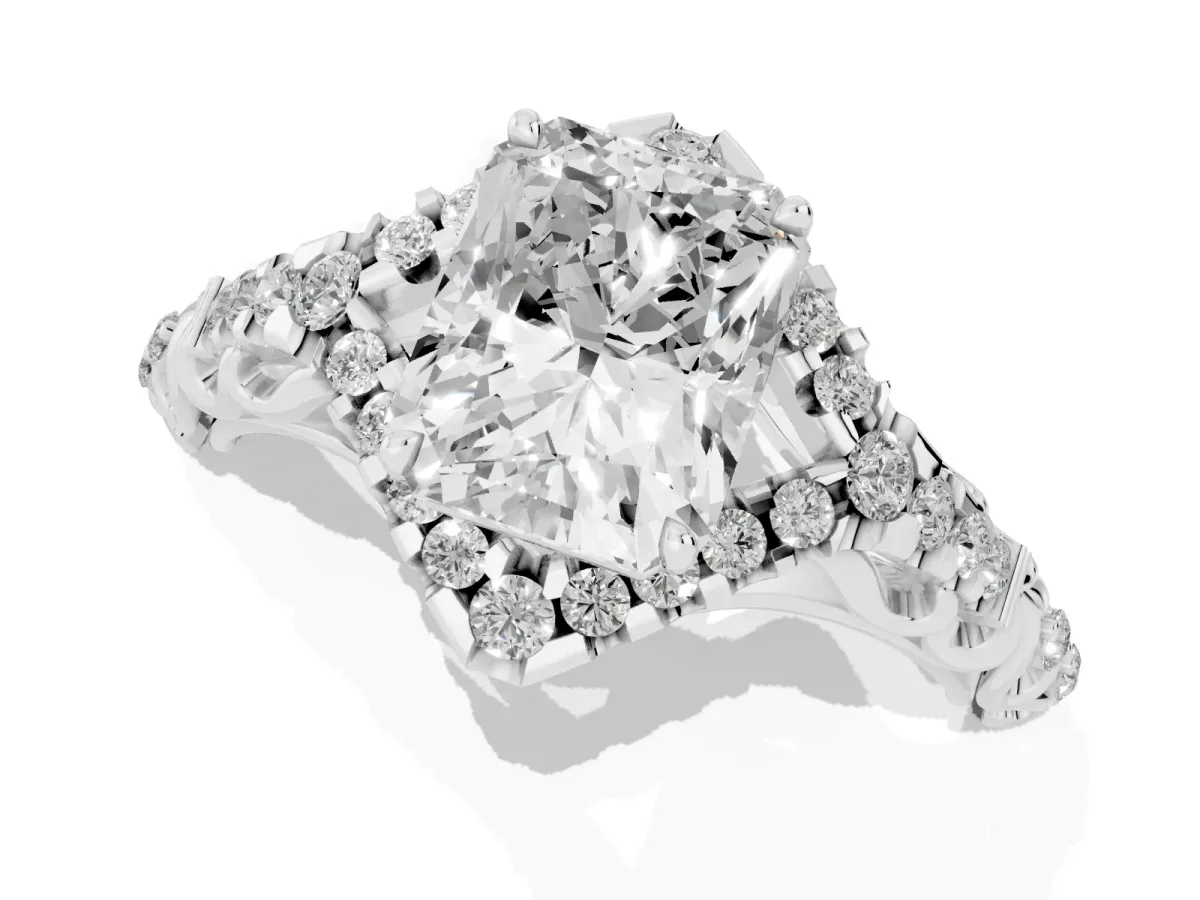 Radiant Cut Diamond Solitaire Ring with Hidden Halo and Pavé Band Silver