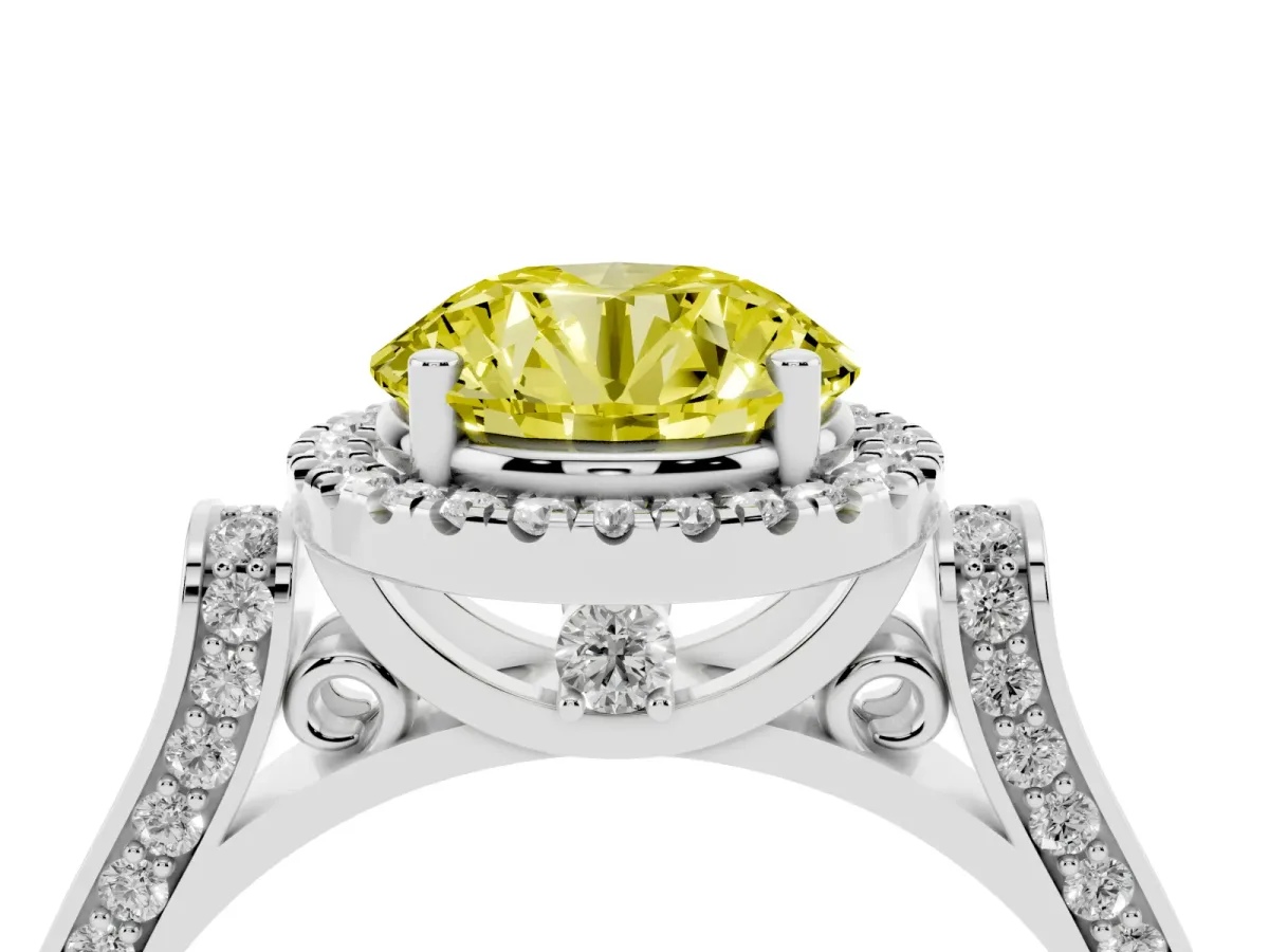 Fancy Yellow Round Cut Halo Pave Split Shank Prong Setting Ring Silver