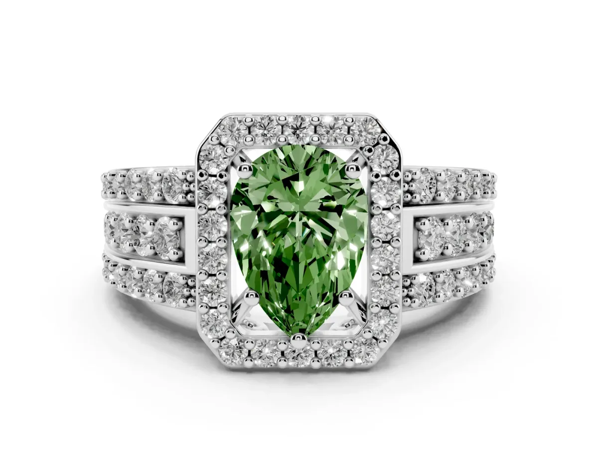 Fancy Green Pear Cut Halo Diamond Ring with Round Split Shank and Prong Setting Platinum