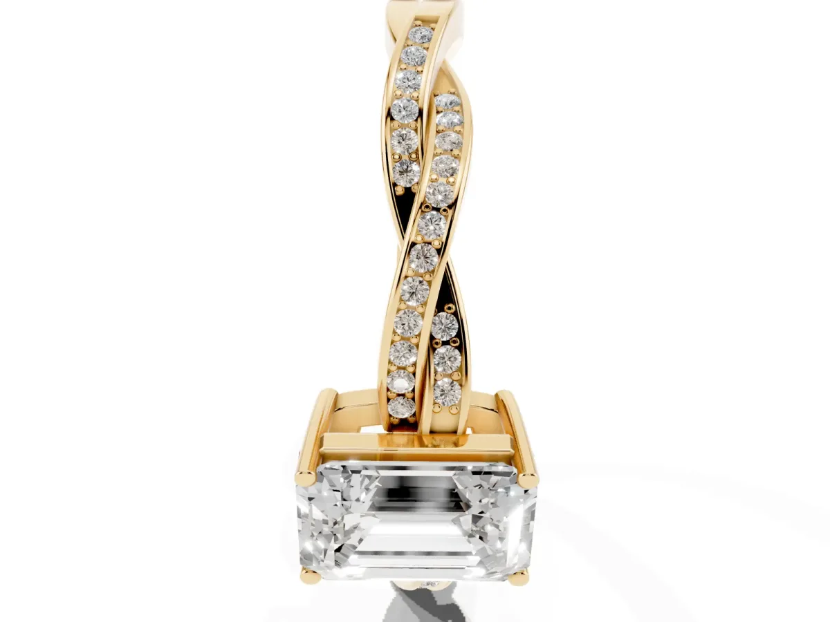 Emerald Cut Solitaire Twisted Pave Diamond Ring with Four-Prong Setting Yellow gold