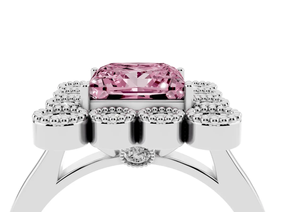 Fancy Pink Princess Cut Halo Diamond Cluster Engagement Ring with Milgrain Bezel Setting and Solitaire Band Platinum