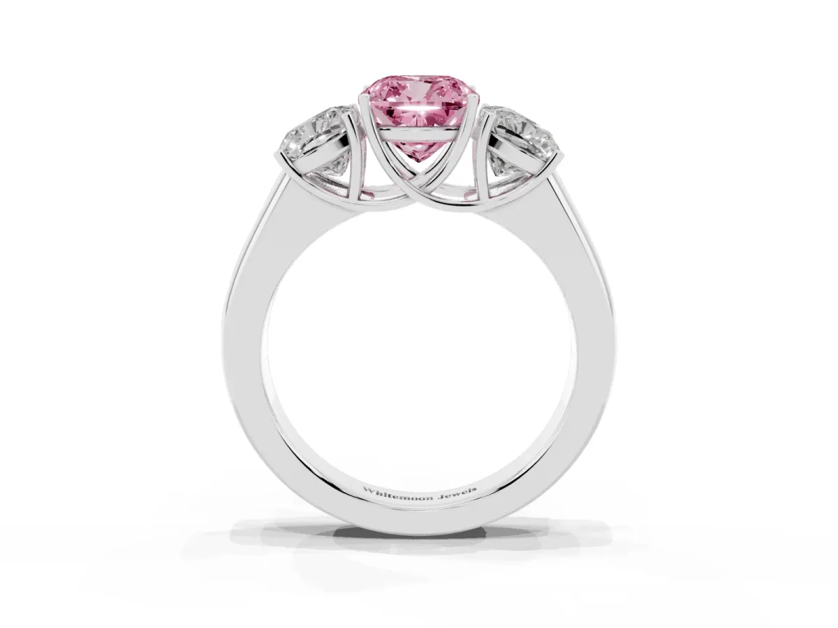 Fancy Pink Three-Stone Cushion Cut Cut Diamond Ring with Prong Setting and Classic Band Platinum