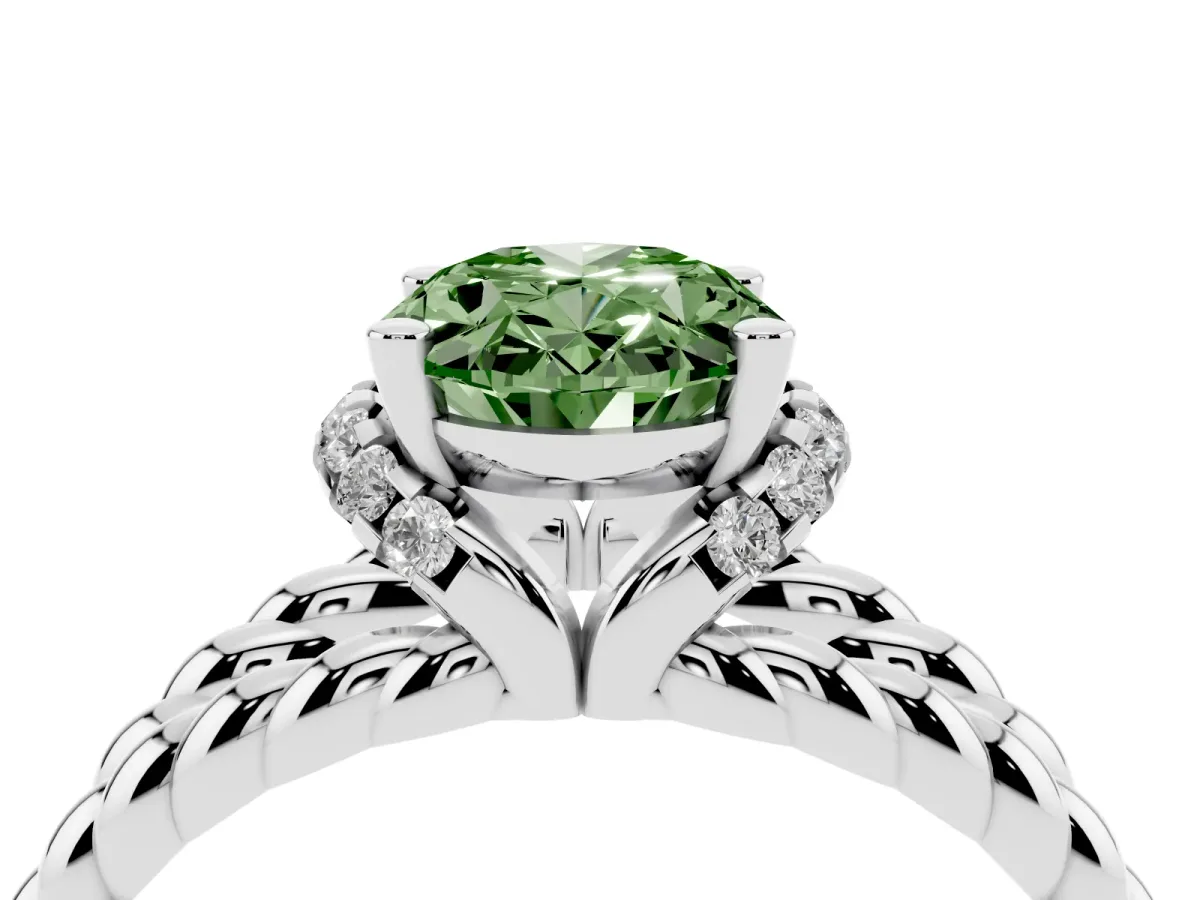 Fancy Green Oval Cut Halo Twisted Band Four-Prong Ring Silver