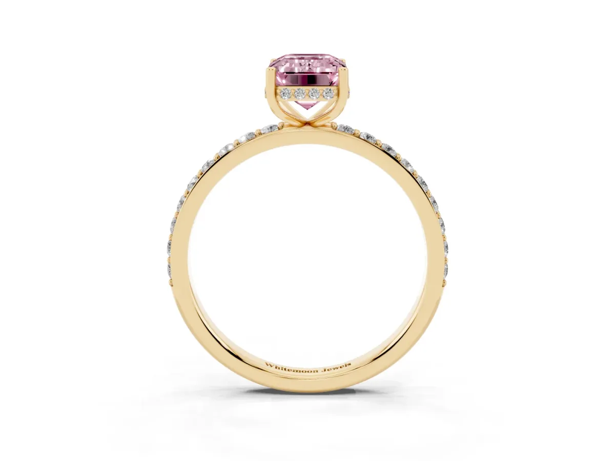 Fancy Pink Emerald Cut Diamond Solitaire Ring with Pavé Band and Hidden Halo Yellow gold