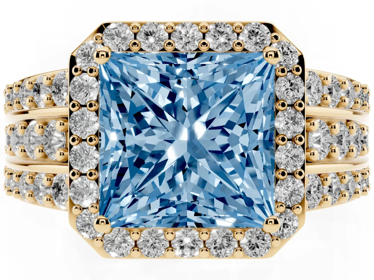 Fancy Blue Princess Cut Halo Diamond Ring with Round Split Shank and Prong Setting Yellow gold
