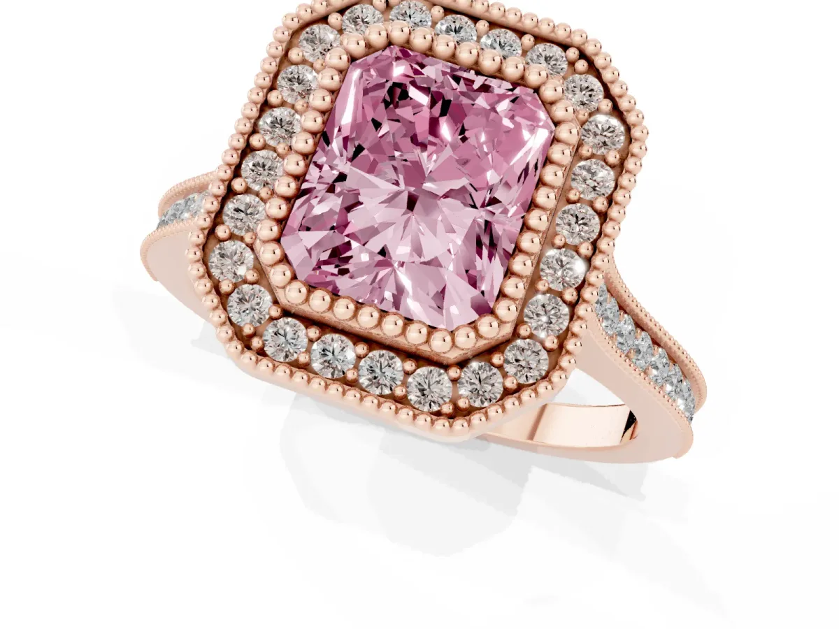 Fancy Pink Radiant Cut Diamond Halo Ring with Milgrain Frame and Pavé Band Rose gold