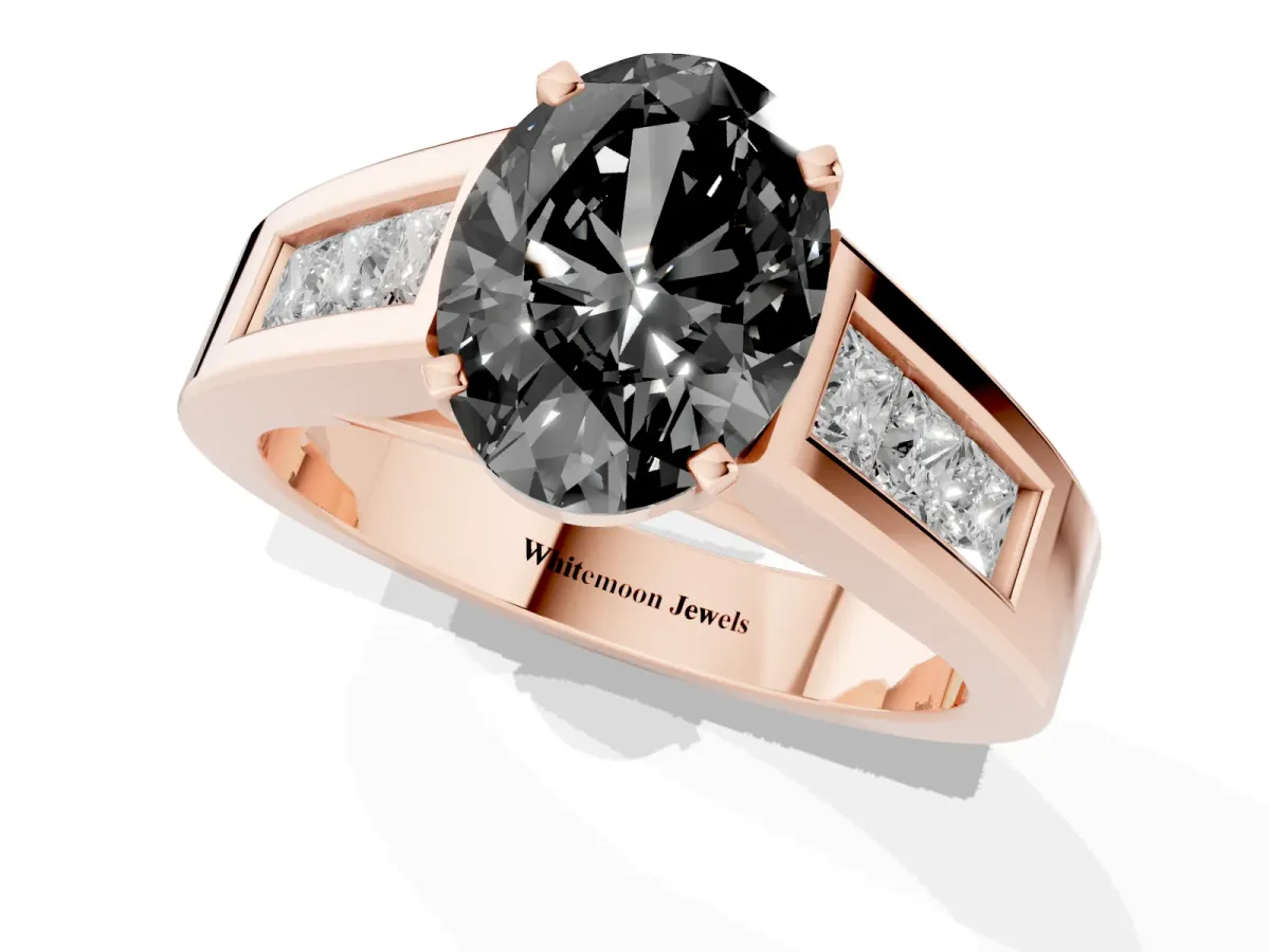 Fancy Black Oval Cut Cut Channel Set Solitaire Ring with Four-Prong Setting Rose gold