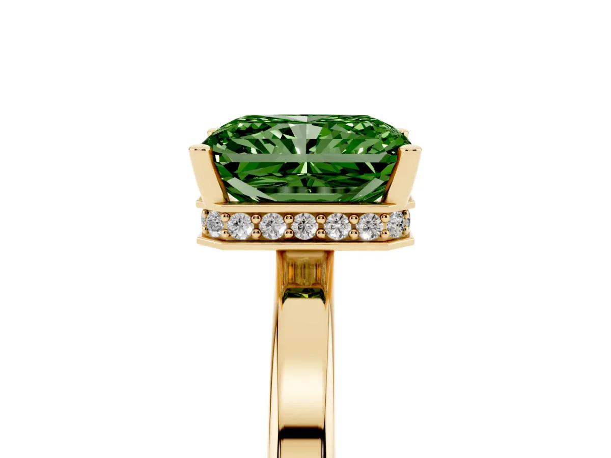 Fancy Green Radiant Cut Cut Solitaire Engagement Ring with Four-Prong Setting on a Classic Band Yellow gold