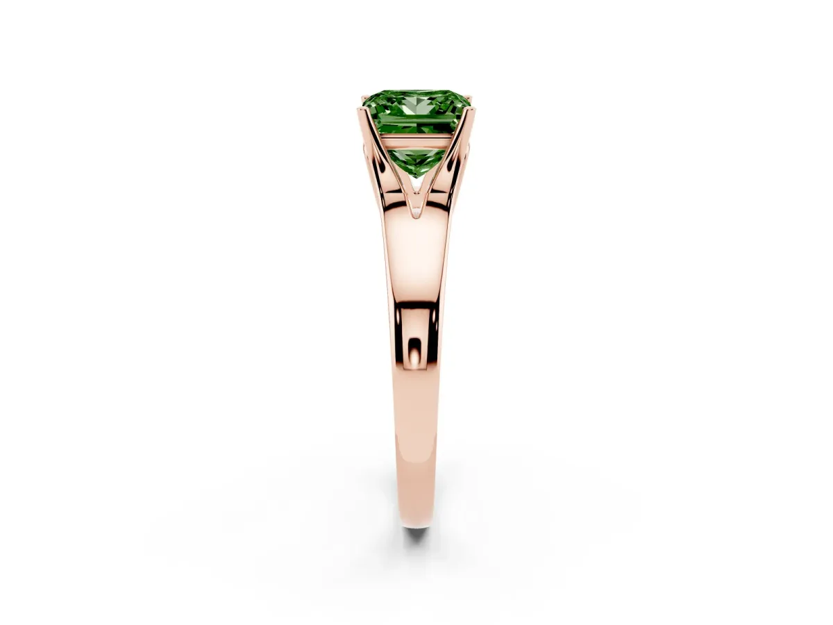 Fancy Green Princess Cut Solitaire Diamond Ring with Cathedral Band and Four-Prong Setting Rose gold