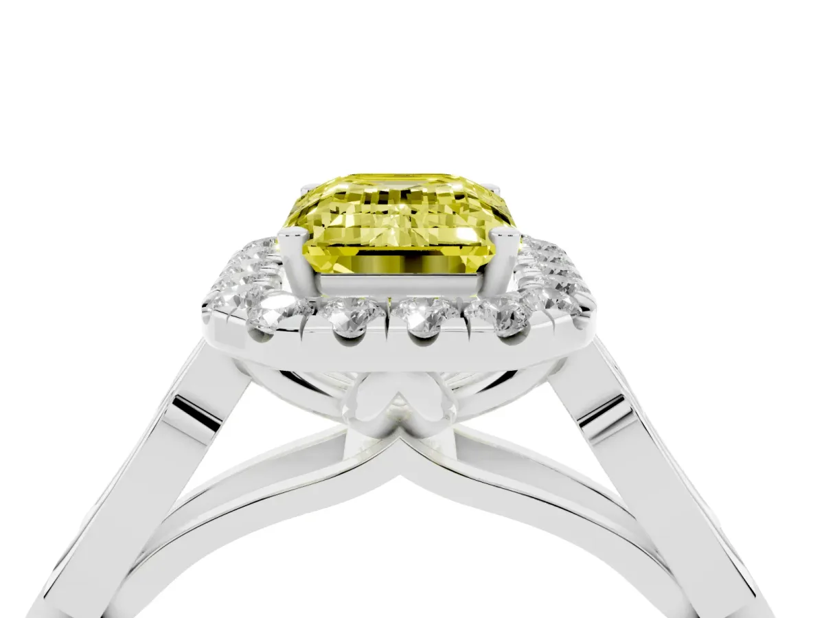 Fancy Yellow Emerald Cut Halo Diamond Engagement Ring with Filigree Band and Four-Prong Setting Platinum