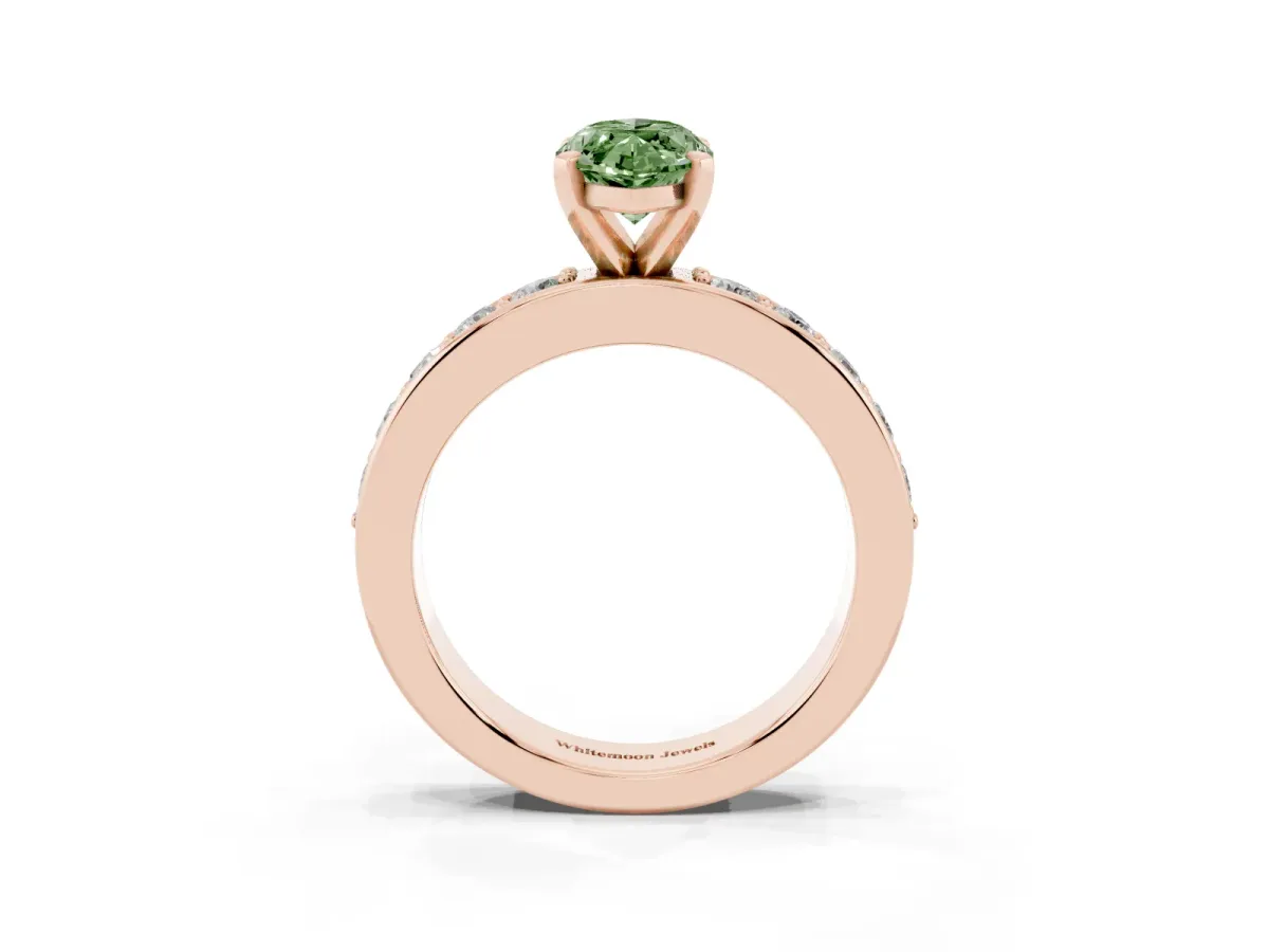 Fancy Green Marquise Cut Diamond Engagement Ring with Channel Set Round Band and Prong Setting Rose gold