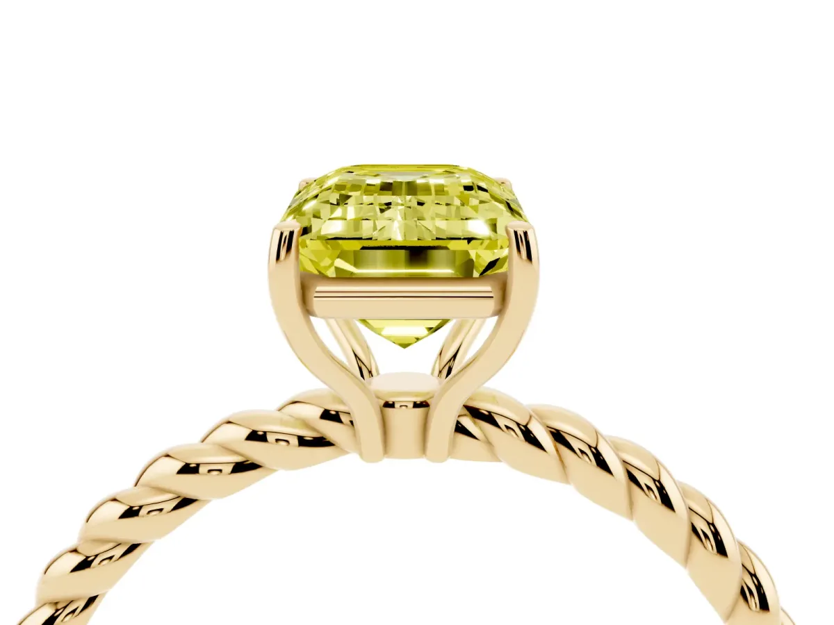 Fancy Yellow Emerald Cut Solitaire Twist Band Ring with Four-Prong Setting Yellow gold