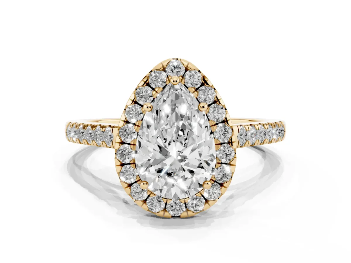 Pear Cut Halo Pave Diamond Engagement Ring with Four-Prong Setting Yellow gold