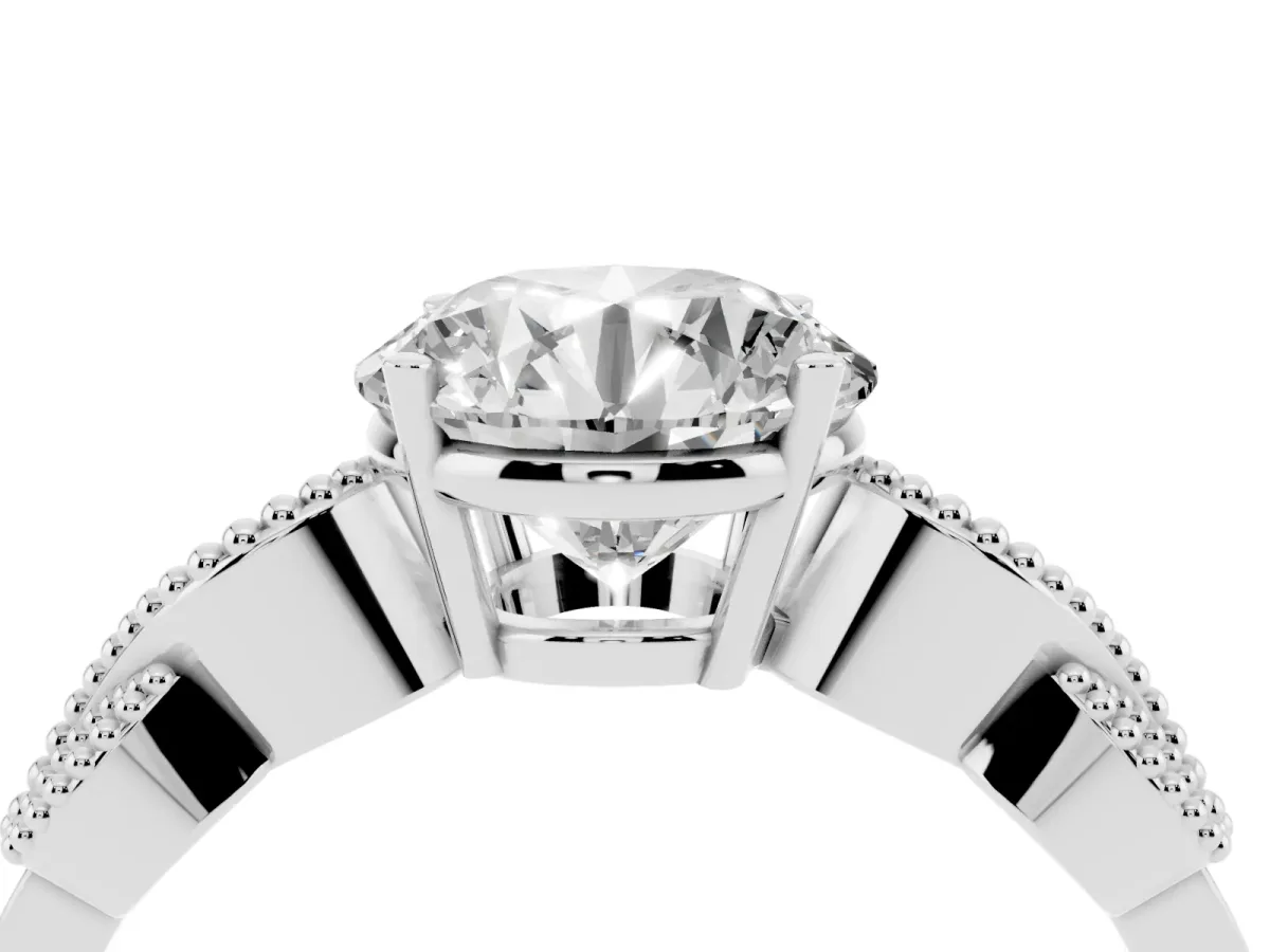 Round Cut Solitaire Milgrain Leaf Band with Prong Setting Silver