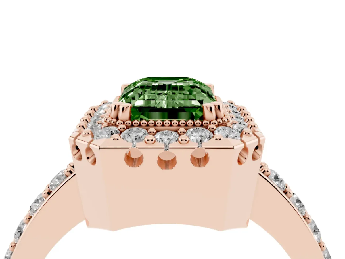 Fancy Green Emerald Cut Diamond Halo Ring with Pavé Band and Prong Setting Rose gold