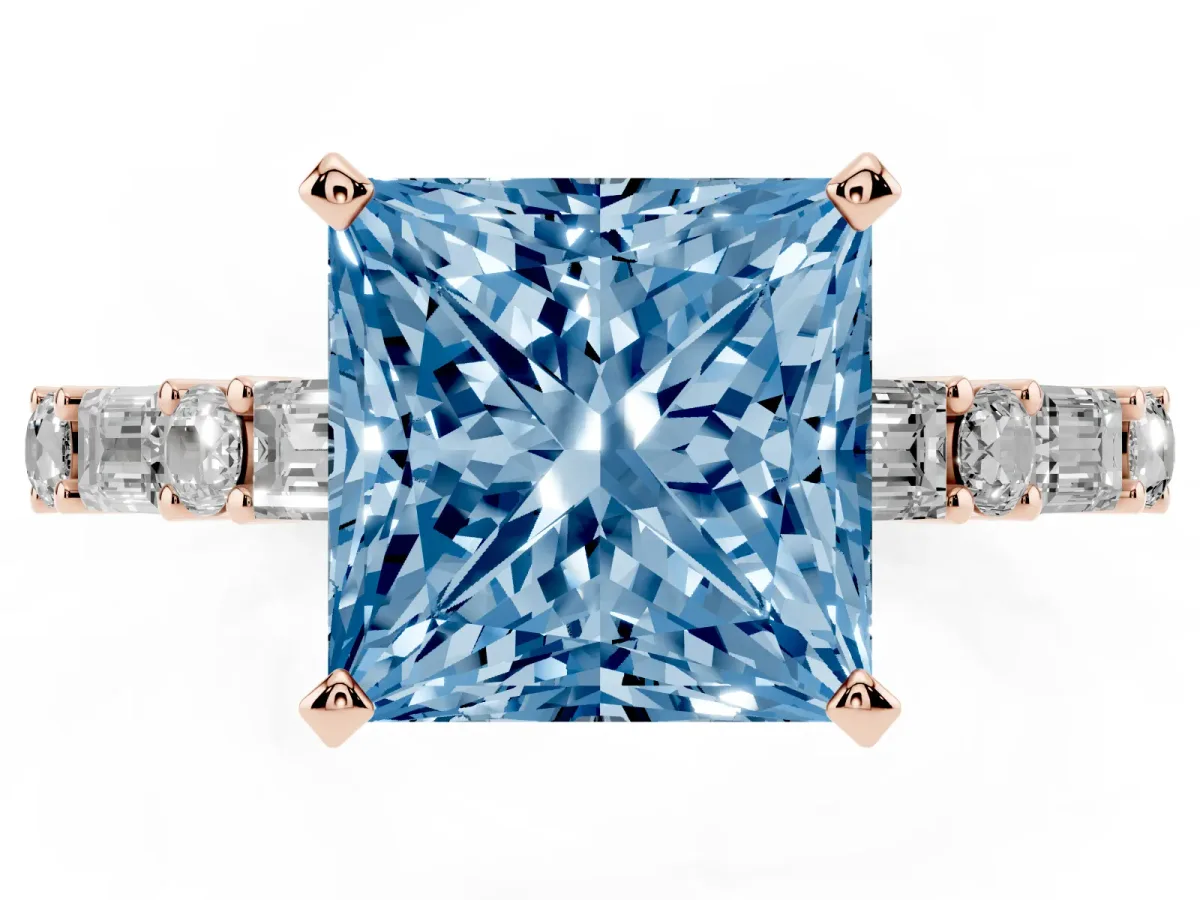 Fancy Blue Princess Cut Diamond Solitaire with Side Baguettes and Channel Set Band Rose gold