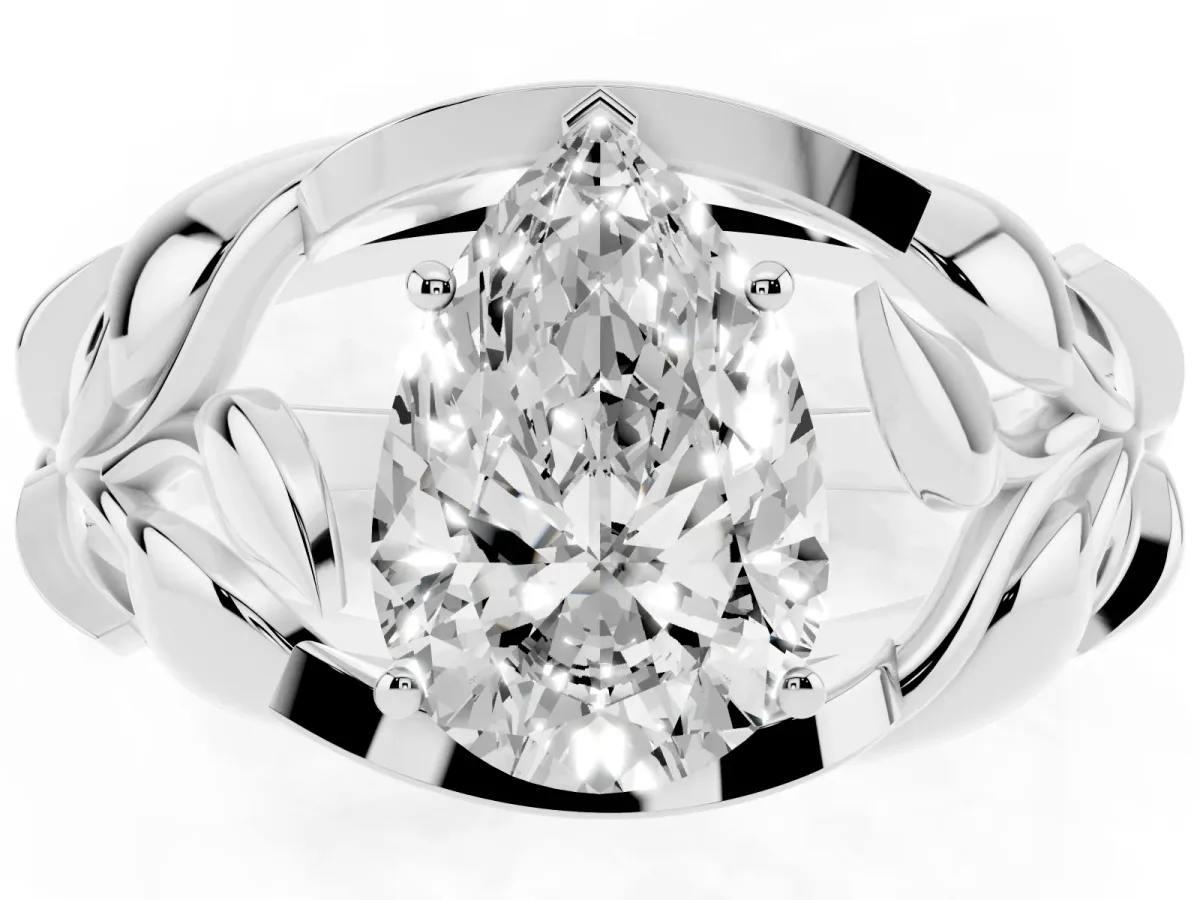 Pear Cut Diamond Leaf-Inspired Engagement Ring with Round Accents and Prong Setting Silver