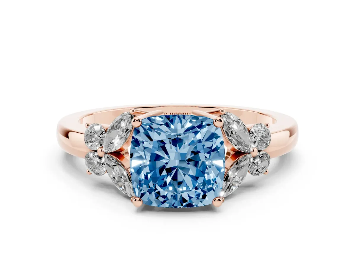 Fancy Blue Cushion Cut Cut Solitaire Floral Diamond Ring with Four-Prong Setting Rose gold