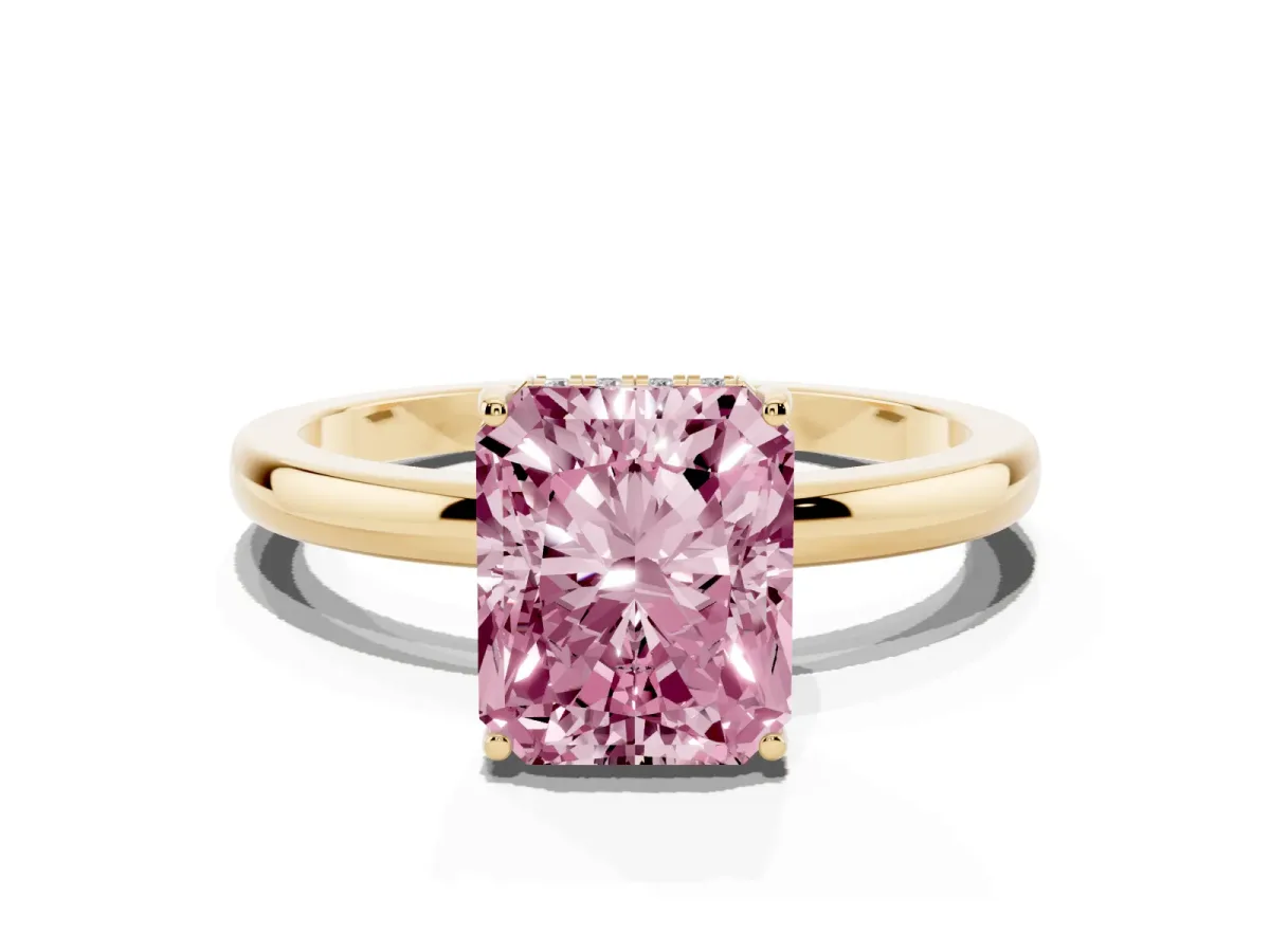 Fancy Pink Radiant Cut Solitaire Diamond Ring with Prong Setting and Plain Band Yellow gold