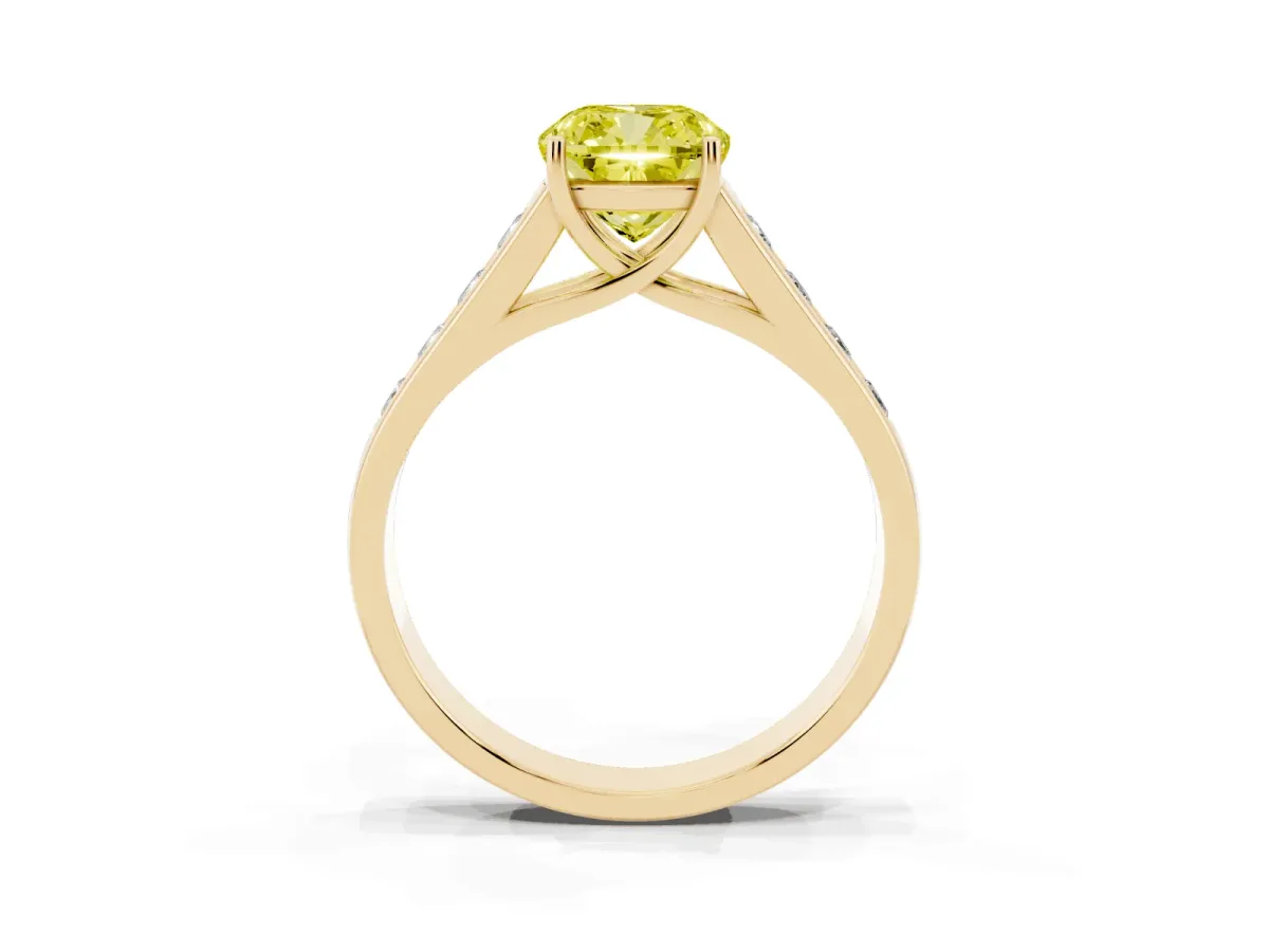 Fancy Yellow Cushion Cut Brilliant Channel-Set Solitaire Ring with Four-Prong Setting Yellow gold