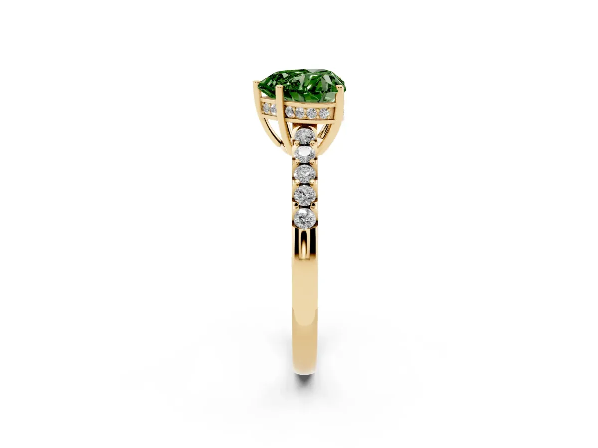 Fancy Green Heart Cut Solitaire Diamond Engagement Ring with Pavé Band and Six-Prong Setting Yellow gold