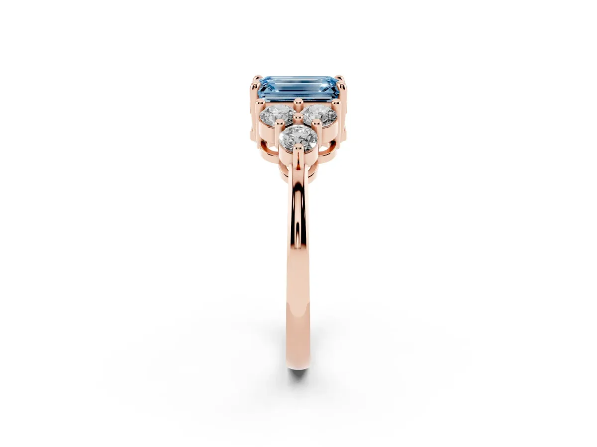 Fancy Blue Emerald Cut Brilliant Diamond Cluster Accent Solitaire Ring with Prong Setting Rose gold