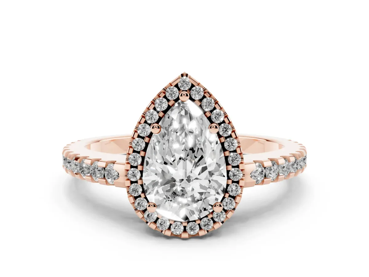 Pear Cut Diamond Halo Engagement Ring with Pavé Band and Prong Setting Rose gold