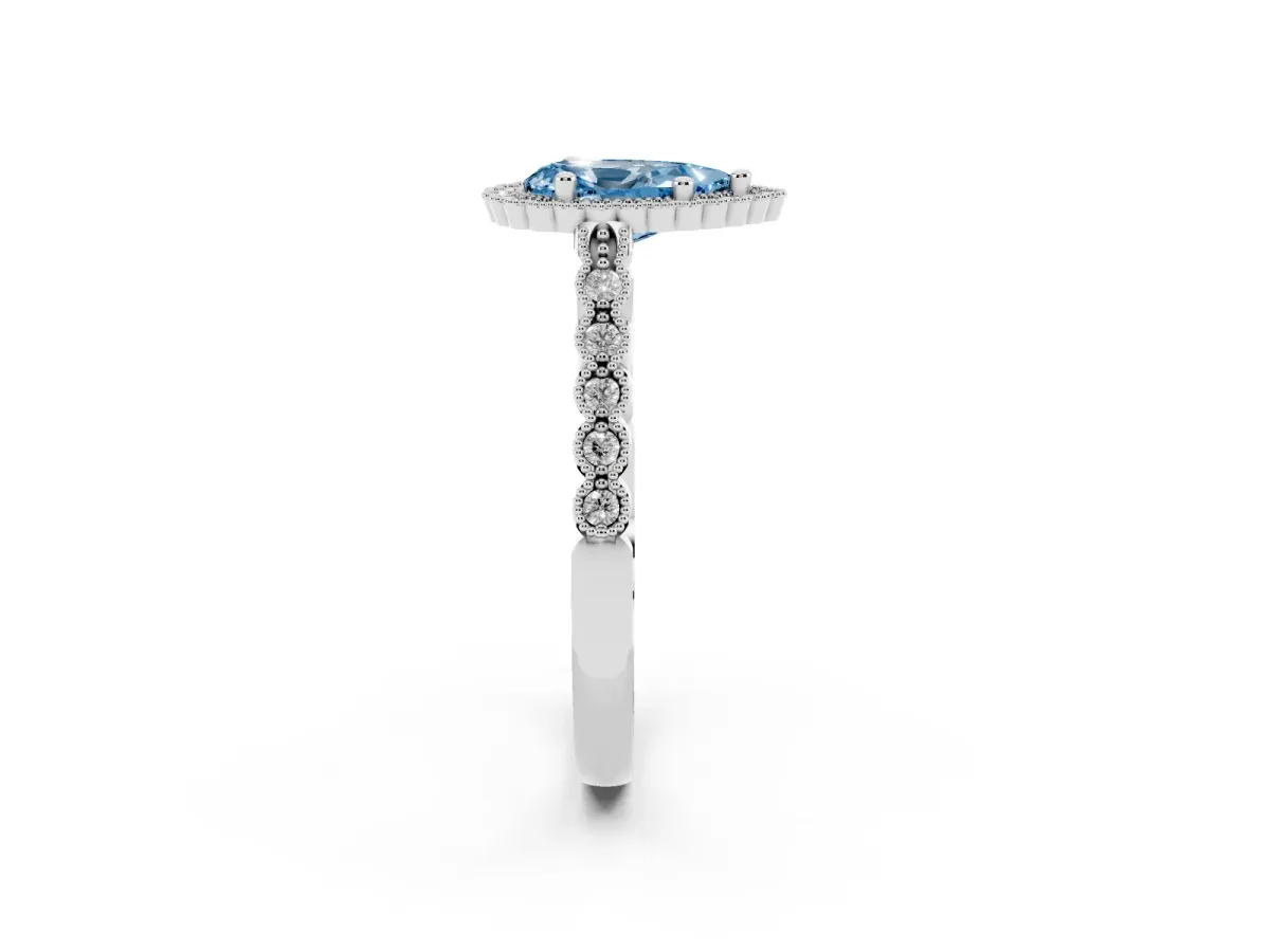 Fancy Blue Pear Cut Cut Halo Pavé Solitaire Ring with Milgrain Band Silver