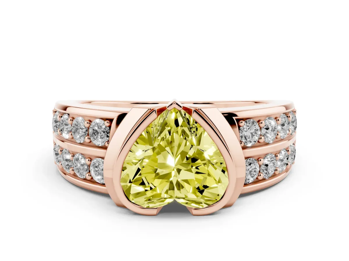Fancy Yellow Heart Cut Brilliant Diamond Channel Set Wide Band Ring with Bezel Setting Rose gold