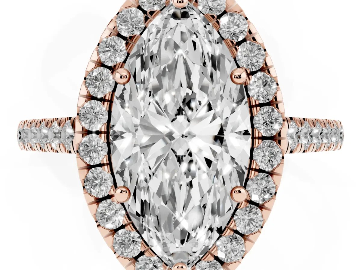 Marquise Cut Halo Pavé Diamond Engagement Ring with Four-Prong Setting Rose gold