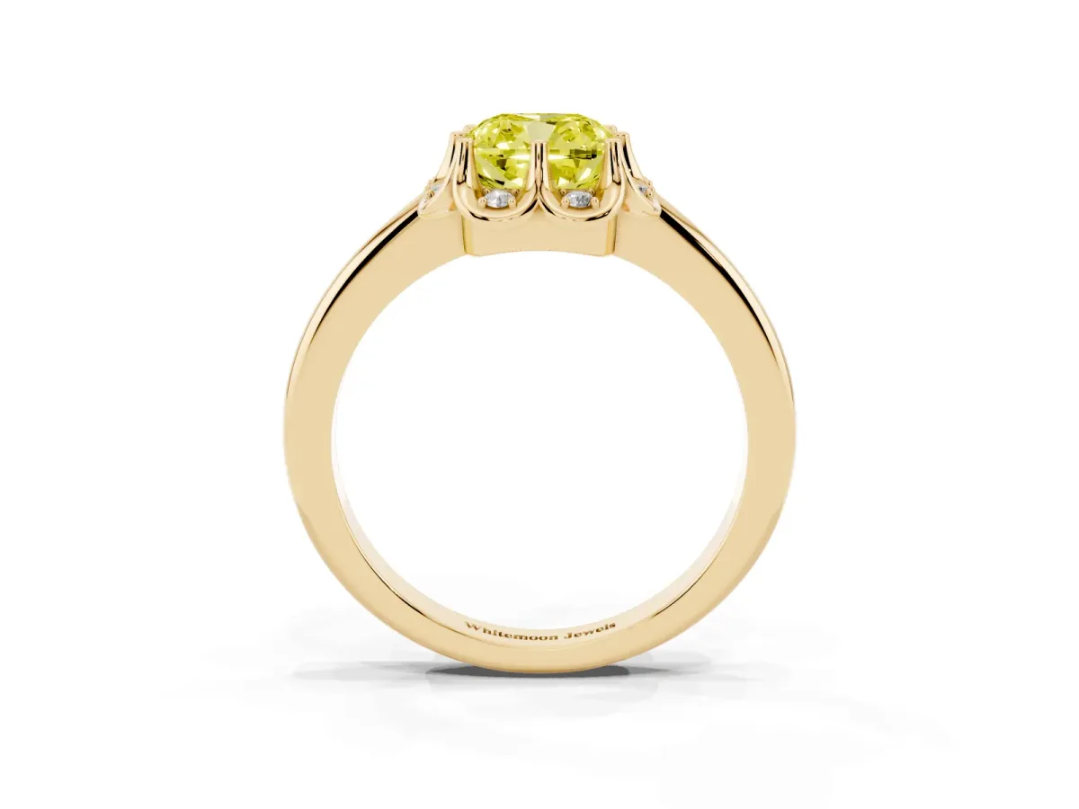 Fancy Yellow Cushion Cut Halo Diamond Ring with Round Cluster Setting, Solitaire Band, and Four-Prong Setting Yellow gold