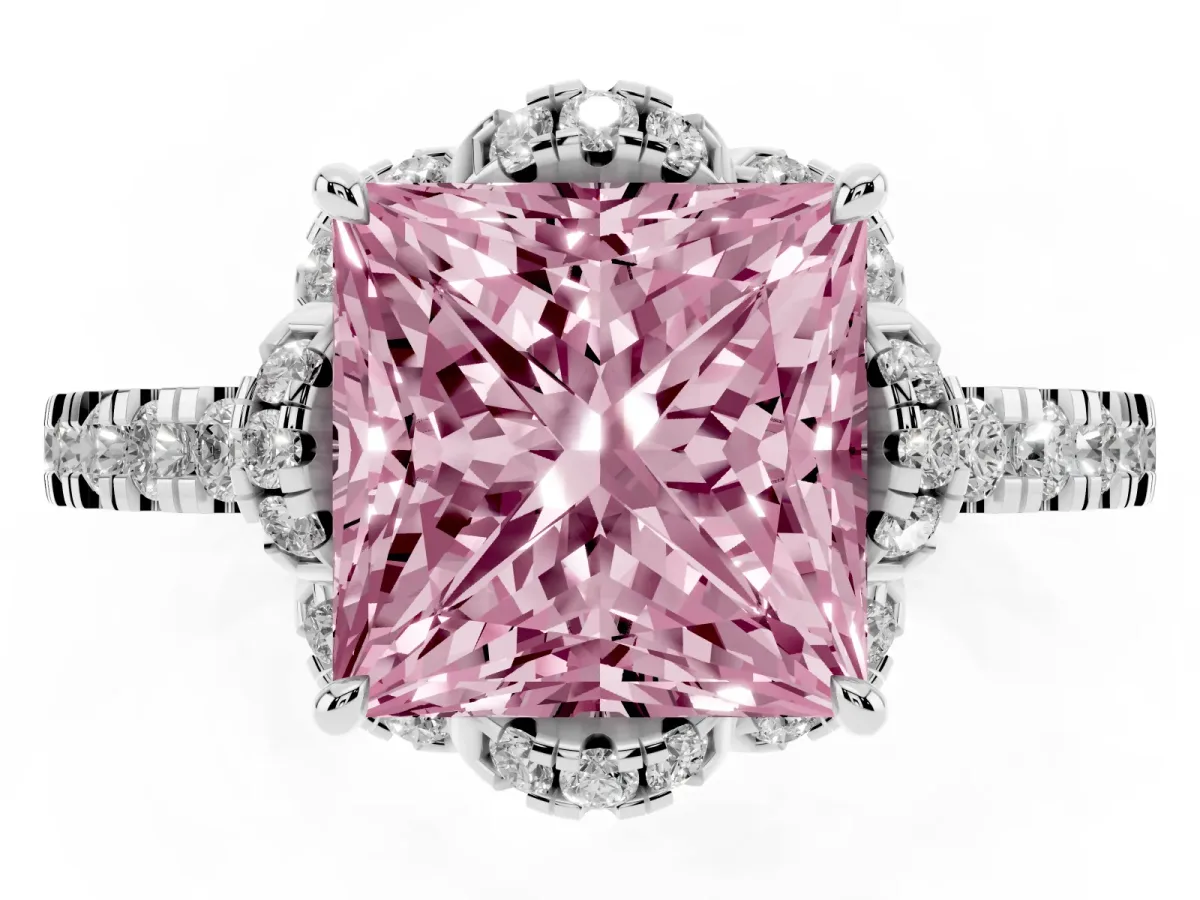 Fancy Pink Princess Cut Halo Diamond Pave Band Ring with Four-Prong Setting White gold